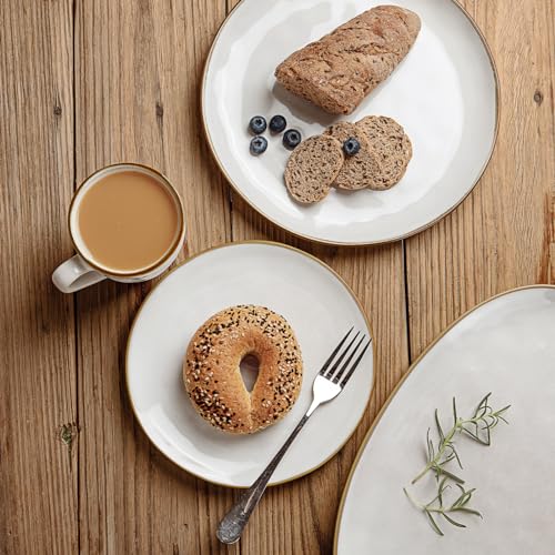 Dinnerware Sets for 4, Ocean Round 12-Piece Kitchen Plates and Bowls Sets, Reactive Glaze, Microwave and Dishwasher Safe,