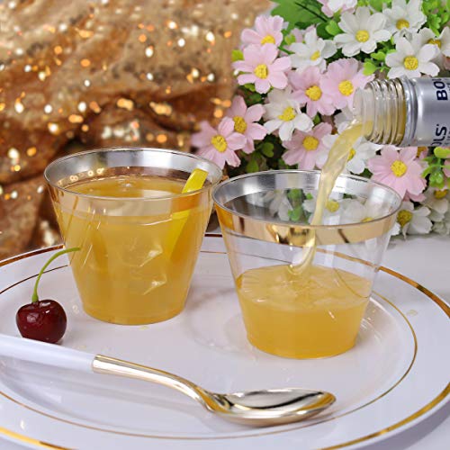 200 Pack Gold Plastic Cups, 9 Oz Elegant Clear Plastic Cups Gold Rimmed Disposable Wine Glasses Fancy Disposable Party Cups
