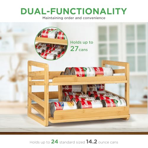 Bamboo Rolling Can Organizer Rack, Stackable 2 Tier Canned Food Organizer Rack for Storage, Kitchen Cabinet, Can Holders