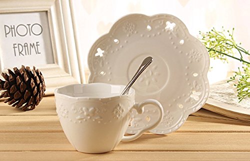 ® White Porcelain 5OZ- Tea Cup and Saucer Coffee Cup Set with Saucer and Spoon, Set of 6 (6 Tea Cup Set With Bracket)