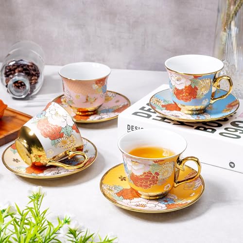 8 Set Tea Cups and Saucers, 8 OZ Floral Porcelain Cup and Saucers Set for Latte Cappuccino Espresso Mocha Afternoon Tea Birthday