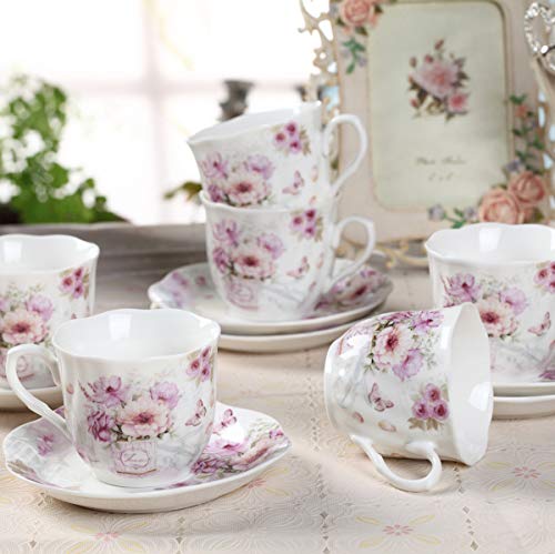 Elegant Tea Cups and Saucers Set of 6 – 7 oz Floral Porcelain Teacup Set for Women – Microwave & Dishwasher Safe – Ideal Gift