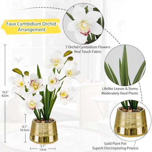 White Orchids Artificial Flowers Faux Silk Cymbidium Orchids in Gold Pot Fake White Orchid Flower Arrangements Orchid