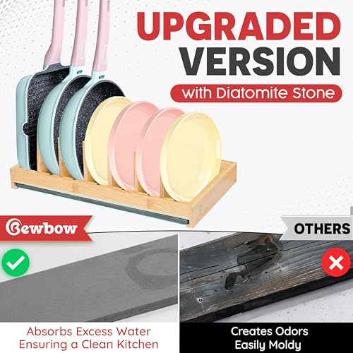 [Upgraded] Bamboo Pots and Pans Organizer under Cabinet, Bakeware and Cutting Board Organizers with Diatomaceous Earth Base & 7