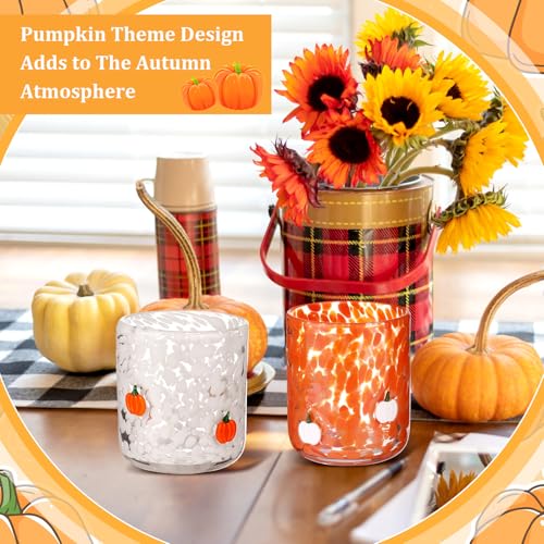 2 Pack Fall Icon Juice Glasses Pumpkin Glass Cups 14 oz Double Old Fashioned Stemless Wine Glasses Cute Glass Drinking Cups for
