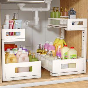 2-Pack Under Sink Storage Organizer, Large 2-Tier Elegant Mesh Pull Out Shelf for Kitchen and Bathroom Cabinet Organization,