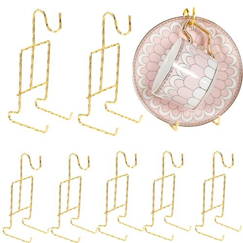 8-Piece Metal Cup & Saucer Display Stand - Gold Tea Cup & Saucer Holder, Spiral Style, 6.22 x 2.44 Inches