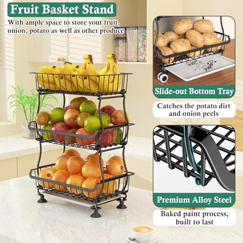 3-Tier Rolling Pantry Floor Organizer and Storage Cart with Wheels, Stackable Wire Pantry Baskets for Pantry Shelves, Kitchen