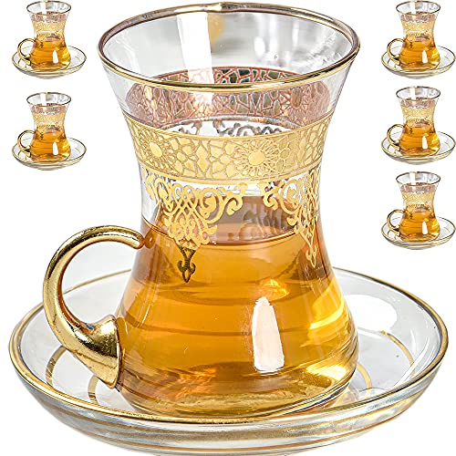 Gold Turkish Arabic Moroccan Tea Glasses Cups Set of 6 and Saucers Glassware Drinking Women Party Fancy Drinkware Style Vintage