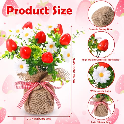 6 Pack Small Strawberry Tables Centerpieces Decoration, Summer Fake Artificial Potted Plastic Flower Plants Rustic Faux Plant in