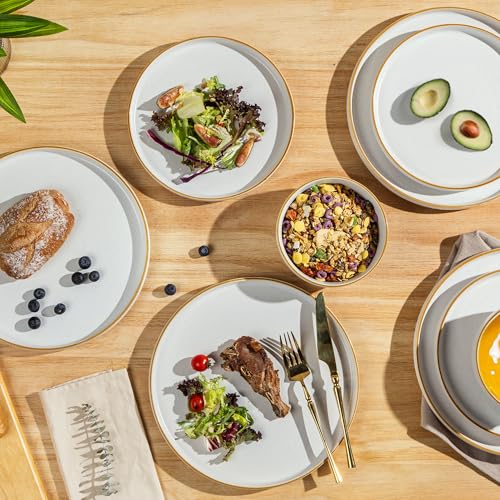 Dinnerware Set, 18 Piece Ceramic Plates and Bowls, Stoneware Plates Handpainted, Dishwasher & Microwave Safe (Speckled White,