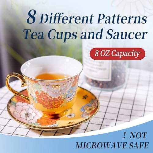 8 Set Tea Cups and Saucers, 8 OZ Floral Porcelain Cup and Saucers Set for Latte Cappuccino Espresso Mocha Afternoon Tea Birthday