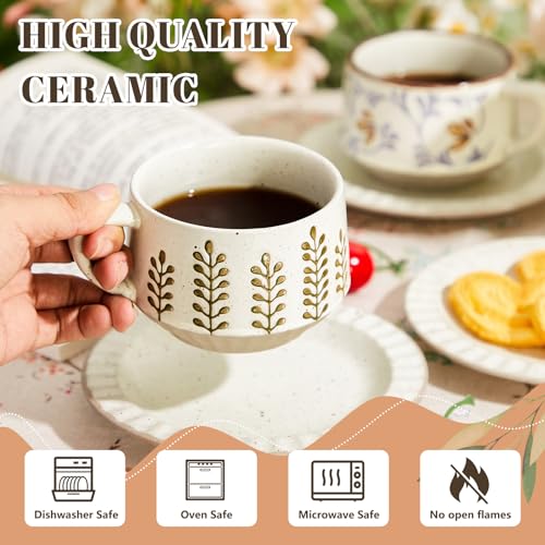 Set of 2 Vintage Coffee Tea Cups and Saucers Set 10oz Floral Porcelain Cappuccino Mug Latte Cups for Wedding Birthday Coffee