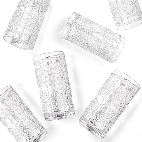 6 Pack 12 oz Romantic Water Glasses, Premium Drinking Glasses Tumblers for Beverages, Beer, Refreshments, Vintage Glassware Set