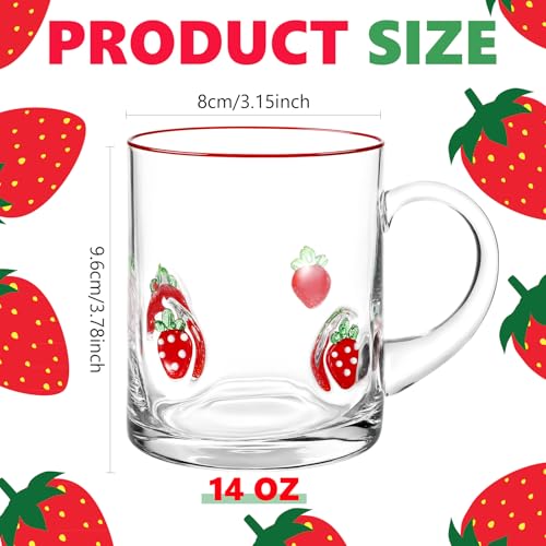 4 Pack Strawberry Glass Cups 14oz Juice Mug with Handle Clear Drinking Glasses Double Old Fashioned Handblown Cocktail Glassware