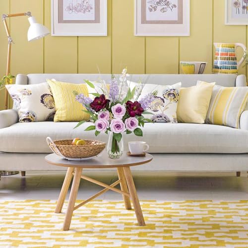 Large Artificial Flowers Floral Arrangement, Mixed Purple Rose, Lilacs, White Orchids Potted Fake Silk Flowers in Clear Vase