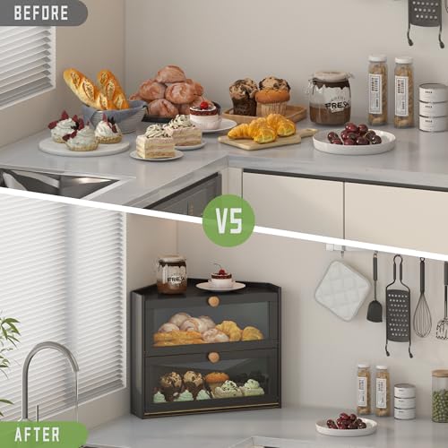 Black Corner Bread Box for Kitchen Countertop, Large Bread Container Storage Bamboo Wooden Farmhouse Bread Box with Window Bread