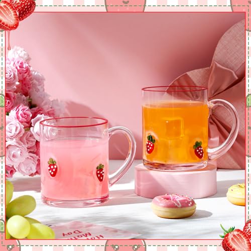 4 Pack Strawberry Glass Cups 14oz Juice Mug with Handle Clear Drinking Glasses Double Old Fashioned Handblown Cocktail Glassware