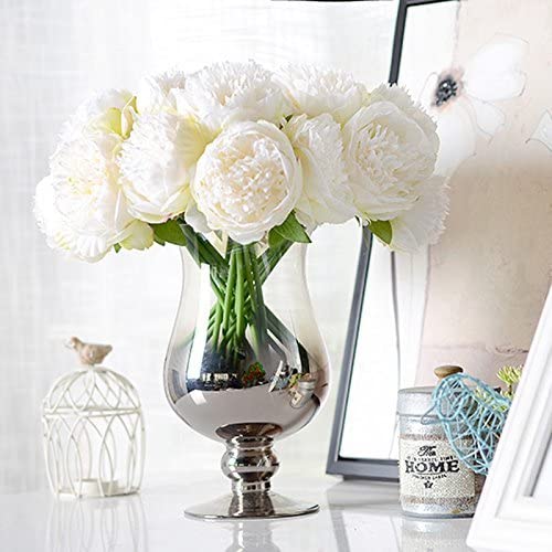20 Heads Artificial Peony Silk Flower Leaf Home Office Wedding Party Festival Bar Decor (Cream White)
