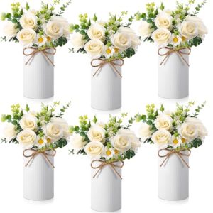6 Sets Wedding Centerpiece for Table Decoration Artificial Fake Rose Flowers with Metal Vase, Faux Silk Rose Bouquet Floral