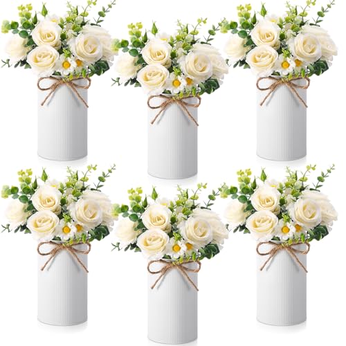 6 Sets Wedding Centerpiece for Table Decoration Artificial Fake Rose Flowers with Metal Vase, Faux Silk Rose Bouquet Floral