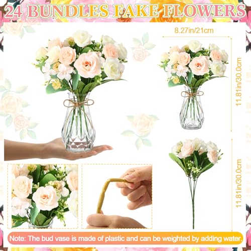 37 Pack Fake Flowers with Vase 24 Bundles Artificial Hydrangea Bouquets 12 Clear Vase for Home Office Farmhouse Centerpiece