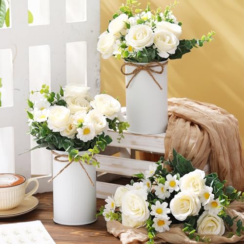 6 Sets Wedding Centerpiece for Table Decoration Artificial Fake Rose Flowers with Metal Vase, Faux Silk Rose Bouquet Floral
