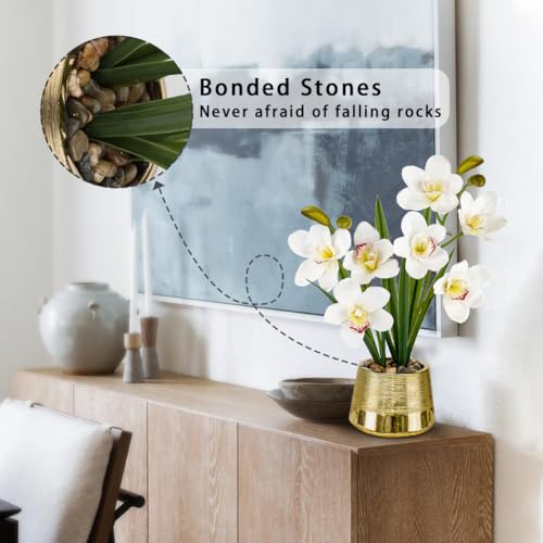 White Orchids Artificial Flowers Faux Silk Cymbidium Orchids in Gold Pot Fake White Orchid Flower Arrangements Orchid