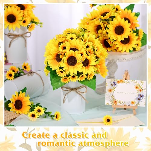 6 Sets Fake Sunflower Centerpiece Table Decorations with 6 Pcs 6 Inch Large Vase and 12 Pcs Sunflower Bouquets Artificial