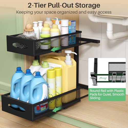 Under Sink Organizer, 2 Tier Pull out Cabinet Organizer Baskets with Mesh Sliding Drawers, Slide out Storage Shelf for Home,