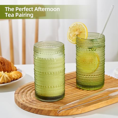 16oz Hobnail Drinking Glasses Set of 6, Vintage Large Capacity Embossed Green Tumblers, Highball Glasses for Water, Cocktail,