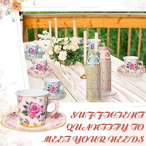 60 Sets Tea Party Decorations Floral Paper Tea Cups with Handle and Plates Disposable Blossom Teacups and Saucers Sets with Tape