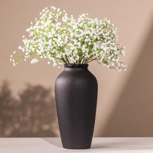 Laurel&Vine 12" Tall Black Ceramic Vase, Speckled Textured Minimalist, with 15 Stems of 22" Faux Artificial White Babys Breath,