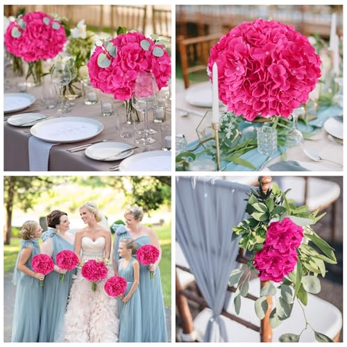 60 PCS Hot Pink Hydrangea Artificial Flowers Bulk (Not Squished) Realistic Fake Flowers Hydrangea Silk Flowers with Stems for