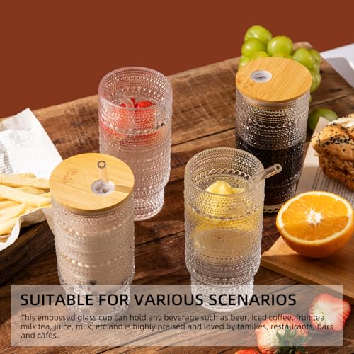 Drinking Glasses with Bamboo Lids and Glass Straw 4pcs Set,16oz Glass Tumbler Cups,Water Glasses,Iced Coffee Glasses,iced Tea