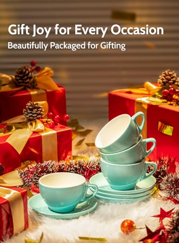 6 Ounce Cappuccino Cups with Saucers, Porcelain Double Espresso Cups Set of 6 - Hot Assorted Colors