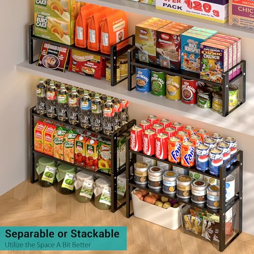 2 Pack Expandable Kitchen Cabinet Organizer Shelves, Stackable Heavy Duty Metal Small Storage Shelf, Adjustable Counter Shelf
