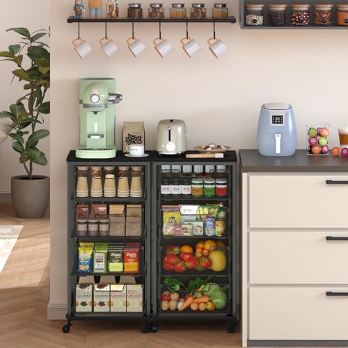 4-Tier Fruit Vegetable Storage Cart - Kitchen Organizer and Storage Cart with Wheels, Wooden Top Metal Wire Fruit Vegetable Rack