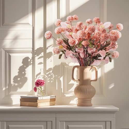 FXKJGHP Fake Mums Flowers+Eucalyptus Leaf in Vase Artificial Flowers 21inches Long Stem Flowers for Decoration Room Decoration
