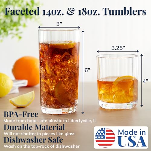 Faceted Clear Plastic Reusable Drinking Glasses (Set of 8) 14oz Rocks & 18oz Water Cups | BPA-Free Tumblers, Made in USA |