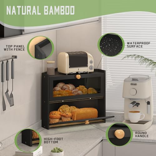 Black Corner Bread Box for Kitchen Countertop, Large Bread Container Storage Bamboo Wooden Farmhouse Bread Box with Window Bread