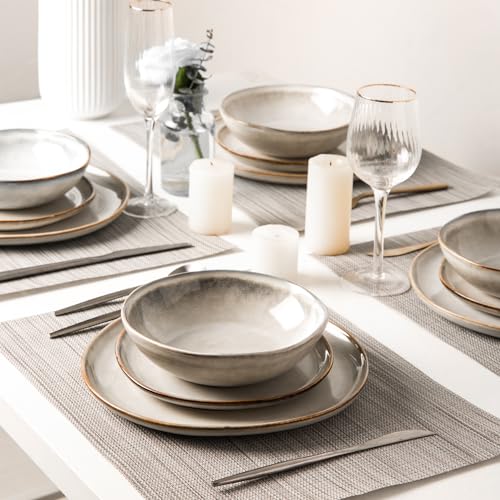 Ceramic Dinnerware Sets,Handmade Reactive Glaze Stoneware Plates and Bowls Sets,Highly Scratch Resistant | Dishwasher &