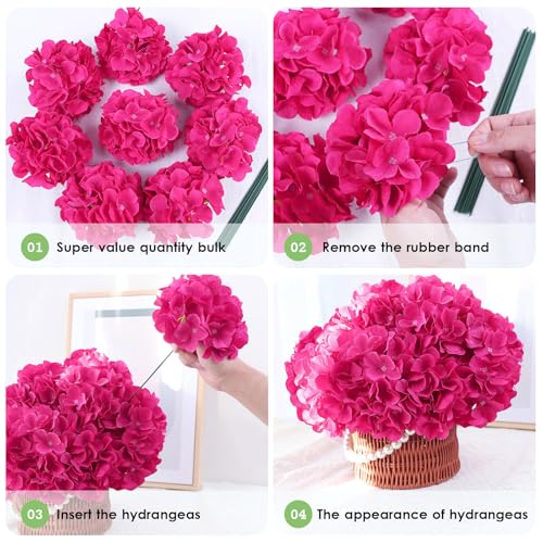 60 PCS Hot Pink Hydrangea Artificial Flowers Bulk (Not Squished) Realistic Fake Flowers Hydrangea Silk Flowers with Stems for