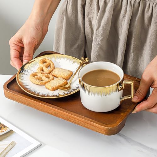 Cappuccino Cups with Saucers, 8.5 oz Stackable Ceramic Coffee Cup and Saucer with Gold Trim, Turkish Coffee Cups Set for Double