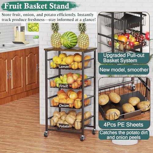 Fruit Basket, 5-Tier Utility Kitchen Organizer and Storage Cart with Pull-Out Baskets and Wood Top, Rolling Pantry Kitchen Cart