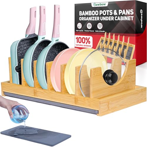 [Upgraded] Bamboo Pots and Pans Organizer under Cabinet, Bakeware and Cutting Board Organizers with Diatomaceous Earth Base & 7