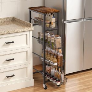 Slim Rolling Cart, 5-Tier Storage Cart, 9.1inch Narrow Kitchen Rolling Cart on Wheels for Small Space, Utility Cart Shelving