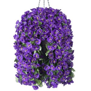 Artificial Faux Hanging Flowers Plants Basket for Spring Summer Outdoor Porch Decor, Fake Silk Purple Morning Glory Long Vine in