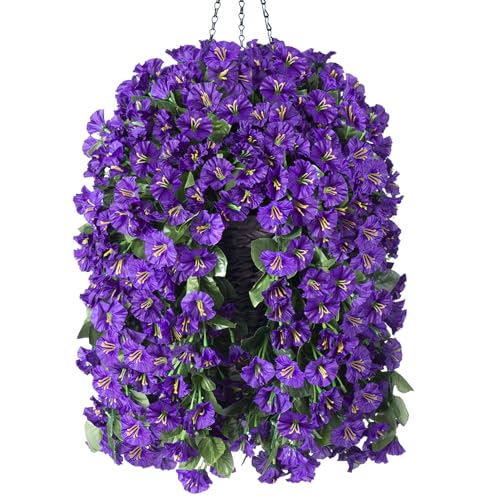 Artificial Faux Hanging Flowers Plants Basket for Spring Summer Outdoor Porch Decor, Fake Silk Purple Morning Glory Long Vine in
