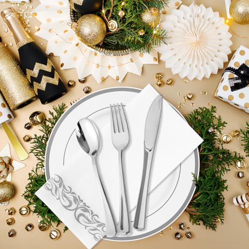 700 Count Silver Dinnerware Set-200 White and Plastic Plates-Set of 300 Plastic Silverware-100 Cups-100 Disposable Hand